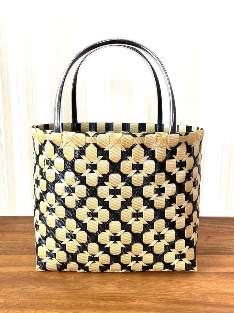 Amazon.co.jp: PPバンド かごバッグ Mサイズ 花柄 ベージュ×黒